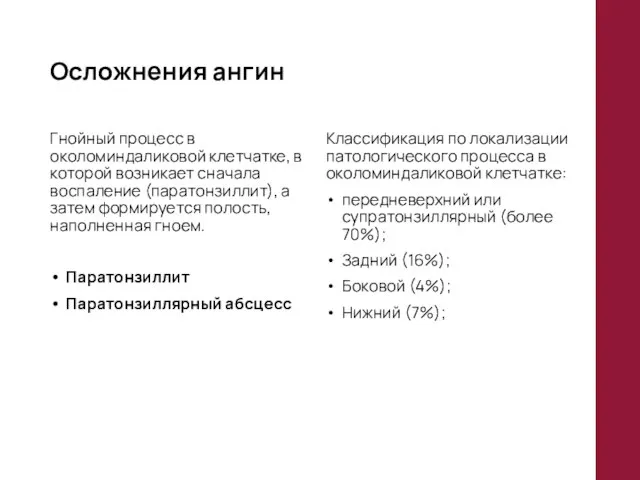 Осложнения ангин Гнойный процесс в околоминдаликовой клетчатке, в которой возникает сначала