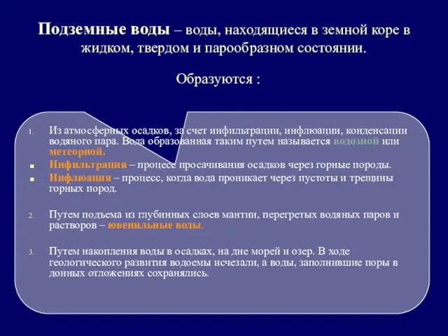 Подземные воды – воды, находящиеся в земной коре в жидком, твердом