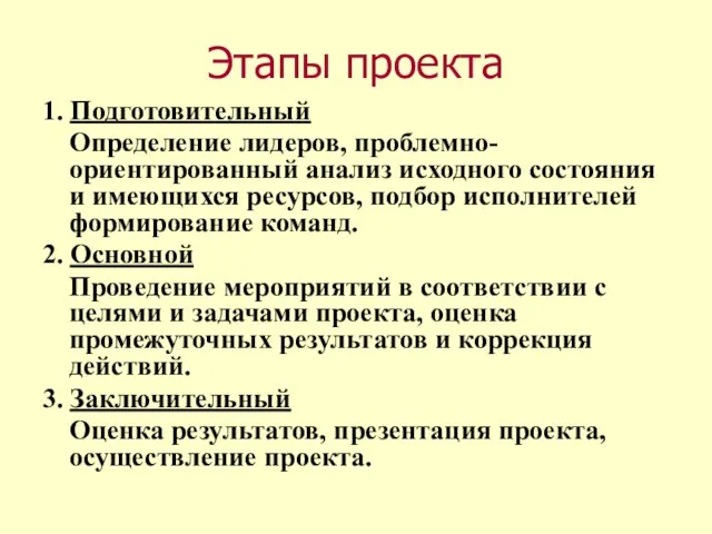 Этапы проекта 1. Подготовительный Определение лидеров, проблемно-ориентированный анализ исходного состояния и