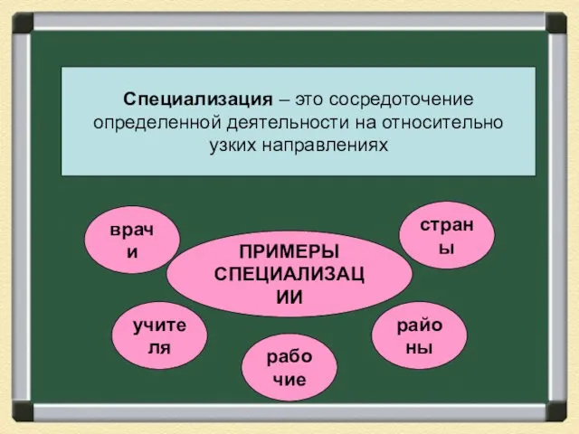 Специализация – это сосредоточение определенной деятельности на относительно узких направлениях ПРИМЕРЫ