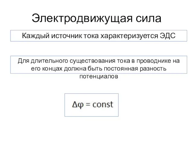 Электродвижущая сила Каждый источник тока характеризуется ЭДС Для длительного существования тока