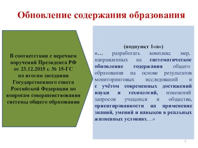 Обновление содержания образования (подпункт 1«а») «… разработать комплекс мер, направленных на