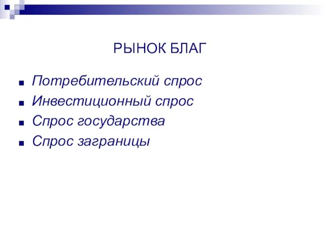 РЫНОК БЛАГ Потребительский спрос Инвестиционный спрос Спрос государства Спрос заграницы