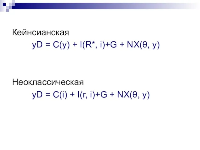 Кейнсианская yD = C(y) + I(R*, i)+G + NХ(θ, у) Неоклассическая