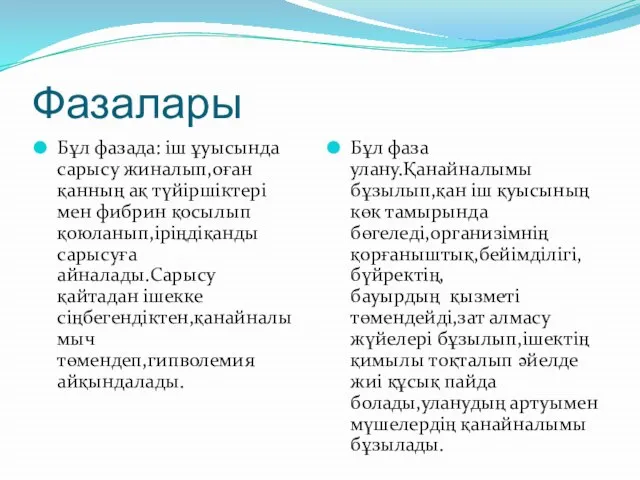 Фазалары Бұл фазада: іш ұуысында сарысу жиналып,оған қанның ақ түйіршіктері мен