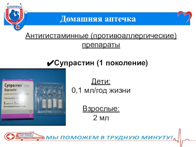 Домашняя аптечка Антигистаминные (противоаллергические) препараты Супрастин (1 поколение) Дети: 0,1 мл/год жизни Взрослые: 2 мл