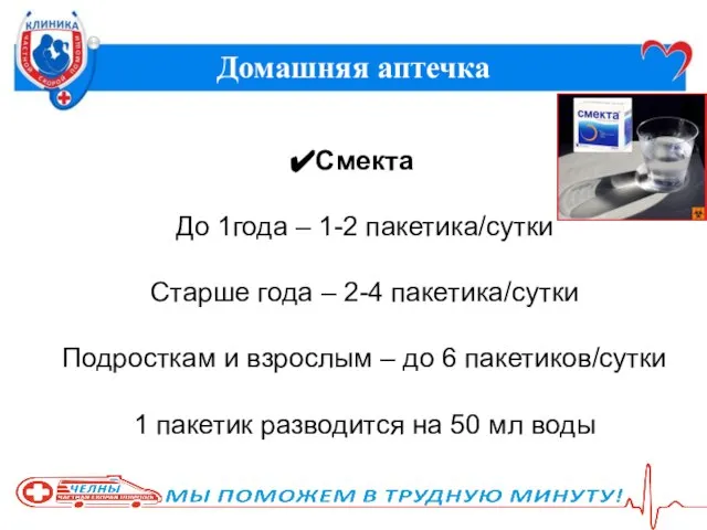 Домашняя аптечка Смекта До 1года – 1-2 пакетика/сутки Старше года –