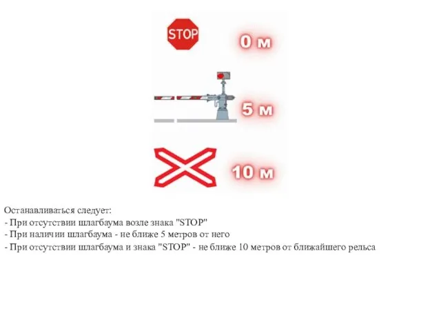 Останавливаться следует: - При отсутствии шлагбаума возле знака "STOP" - При