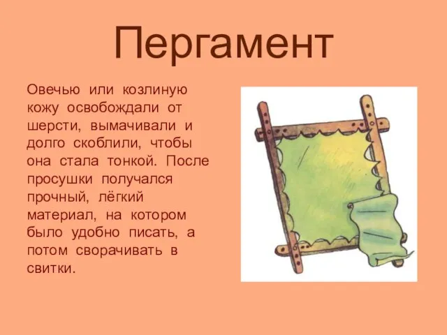 Пергамент Овечью или козлиную кожу освобождали от шерсти, вымачивали и долго