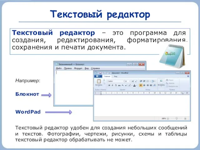 Текстовый редактор Текстовый редактор – это программа для создания, редактирования, форматирования,