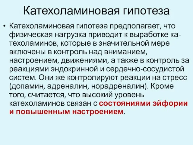 Катехоламиновая гипотеза Катехоламиновая гипотеза предполагает, что физическая нагрузка приводит к выработке