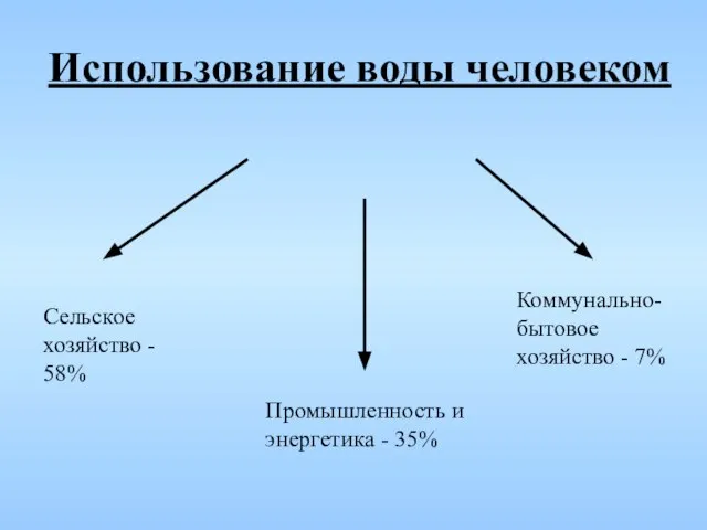 Использование воды человеком Сельское хозяйство - 58% Промышленность и энергетика - 35% Коммунально-бытовое хозяйство - 7%