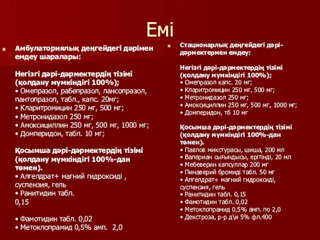 Емі Амбулаториялық деңгейдегі дәрімен емдеу шаралары: Негізгі дәрі-дәрмектердің тізімі (қолдану мүмкіндігі