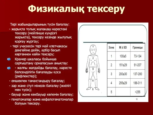 Физикалық тексеру Тері жабындыларының түсін бағалау: - жарықта толық жалаңаш нəрестені