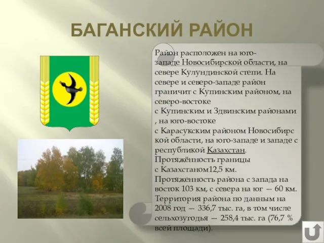 БАГАНСКИЙ РАЙОН Район расположен на юго-западе Новосибирской области, на севере Кулундинской