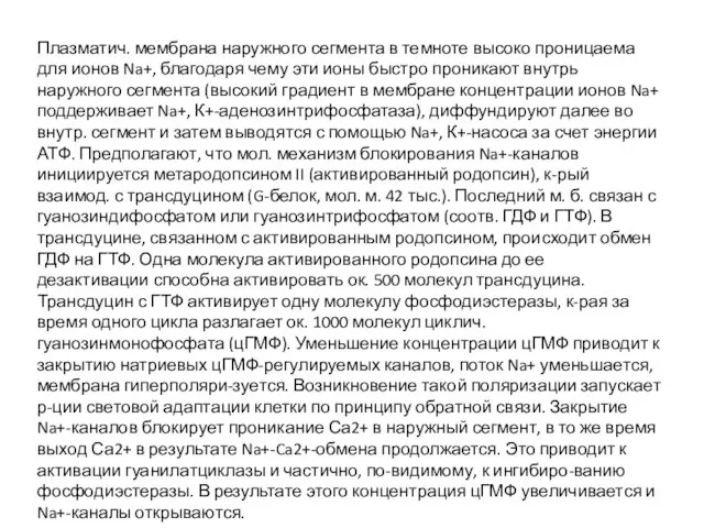 Плазматич. мембрана наружного сегмента в темноте высоко проницаема для ионов Na+,