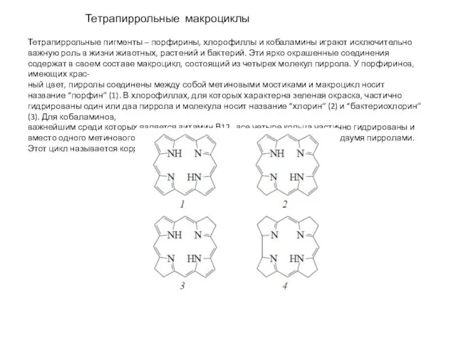 Тетрапиррольные макроциклы Тетрапиррольные пигменты – порфирины, хлорофиллы и кобаламины играют исключительно