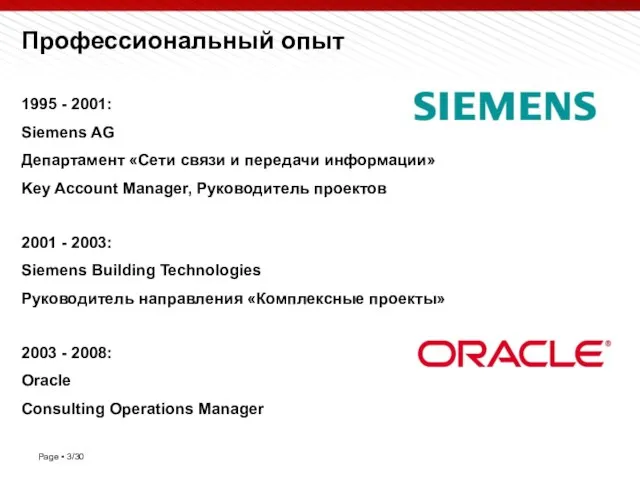 Профессиональный опыт 1995 - 2001: Siemens AG Департамент «Сети связи и