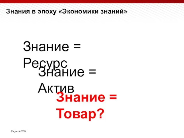 Знания в эпоху «Экономики знаний» Знание = Ресурс Знание = Актив Знание = Товар?