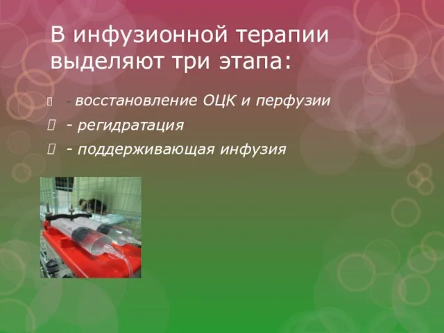 В инфузионной терапии выделяют три этапа: - восстановление ОЦК и перфузии - регидратация - поддерживающая инфузия