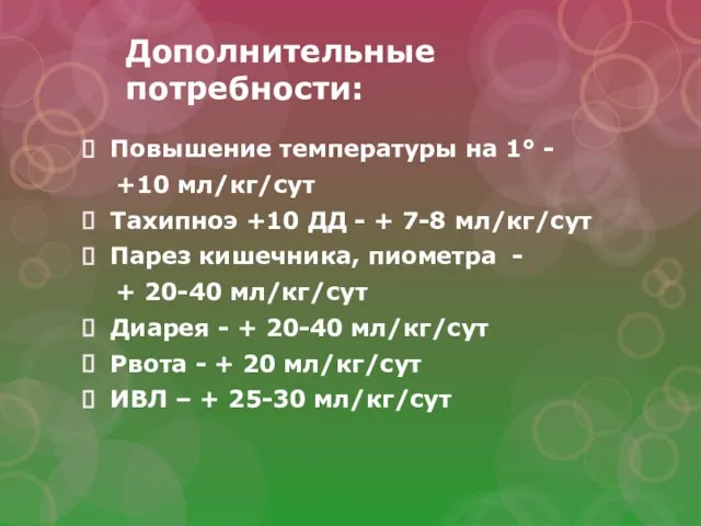 Дополнительные потребности: Повышение температуры на 1° - +10 мл/кг/cут Тахипноэ +10