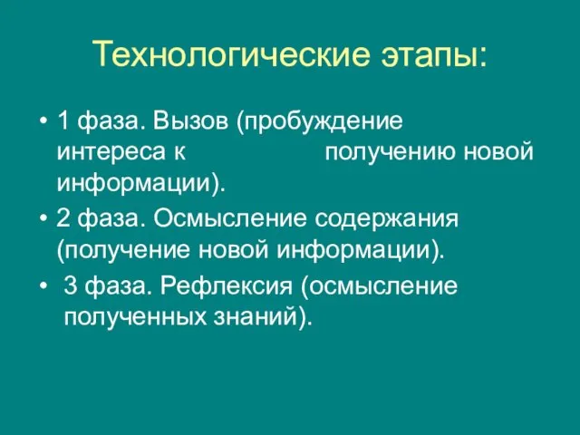 Технологические этапы: 1 фаза. Вызов (пробуждение интереса к получению новой информации).