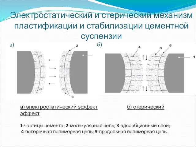 Электростатический и стерический механизм пластификации и стабилизации цементной суспензии а) б)