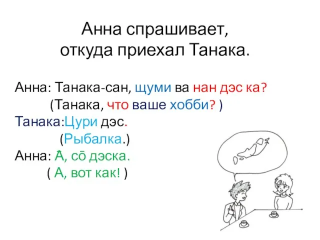 Анна спрашивает, откуда приехал Танака. Анна: Танака-сан, щуми ва нан дэс