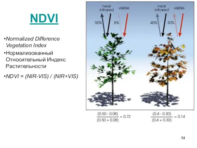 NDVI Normalized Difference Vegetation Index Нормализованный Относительный Индекс Растительности NDVI = (NIR-VIS) / (NIR+VIS)