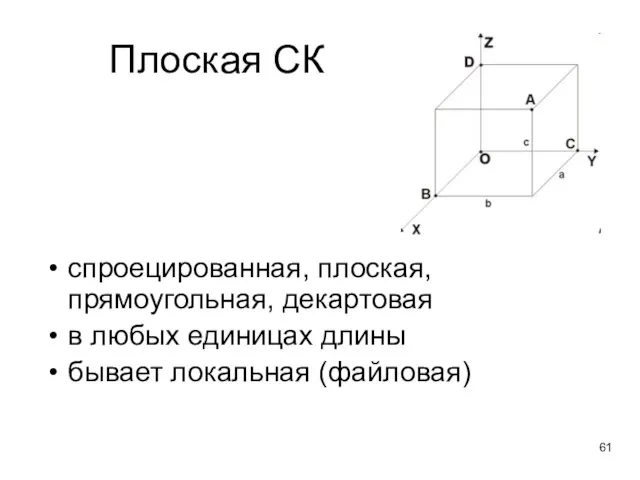 Плоская СК спроецированная, плоская, прямоугольная, декартовая в любых единицах длины бывает локальная (файловая)