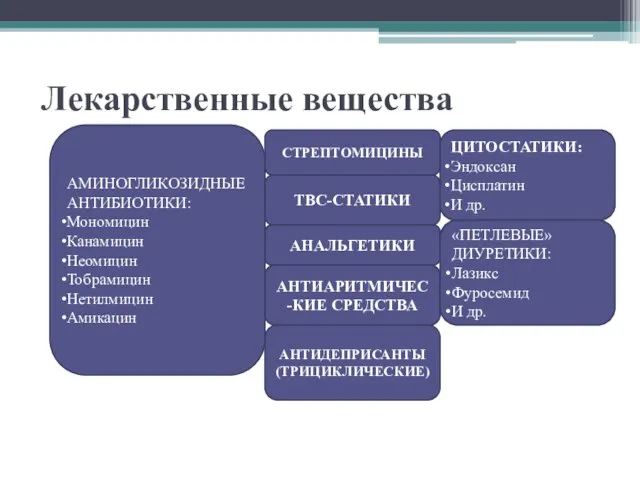 Лекарственные вещества АМИНОГЛИКОЗИДНЫЕ АНТИБИОТИКИ: Мономицин Канамицин Неомицин Тобрамицин Нетилмицин Амикацин СТРЕПТОМИЦИНЫ