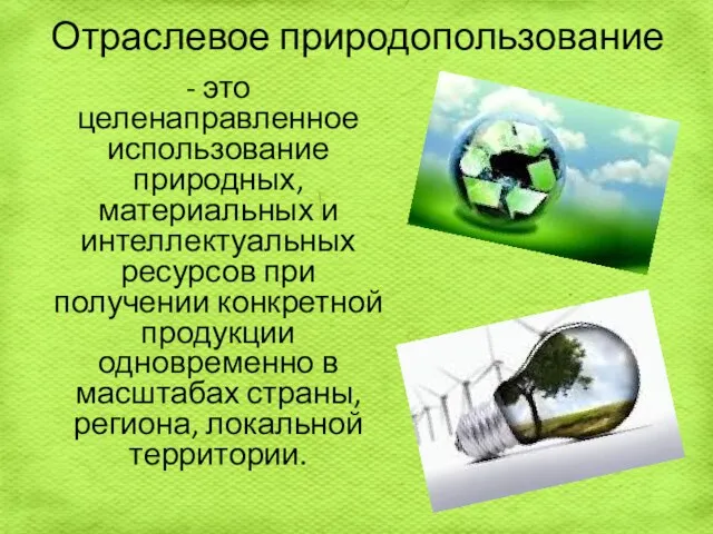 Отраслевое природопользование - это целенаправленное использование природных, материальных и интеллектуальных ресурсов