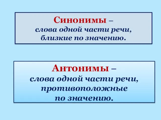 Синонимы – слова одной части речи, близкие по значению. Антонимы –