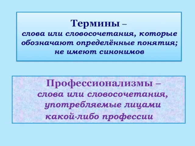 Термины – слова или словосочетания, которые обозначают определённые понятия; не имеют