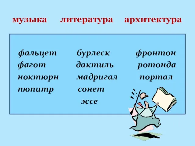 музыка литература архитектура фальцет бурлеск фронтон фагот дактиль ротонда ноктюрн мадригал портал пюпитр сонет эссе