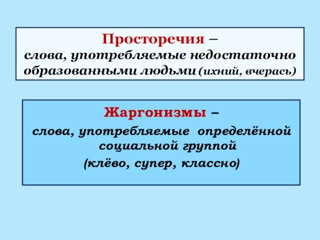 Просторечия – слова, употребляемые недостаточно образованными людьми (ихний, вчерась) Жаргонизмы –