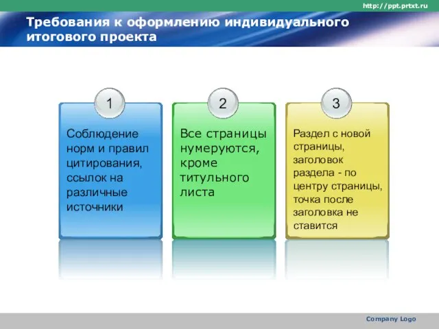 http://ppt.prtxt.ru Company Logo Требования к оформлению индивидуального итогового проекта