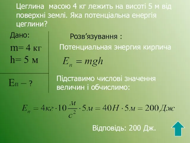 Цеглина масою 4 кг лежить на висоті 5 м від поверхні