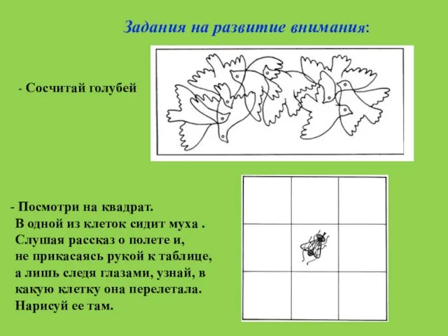 Задания на развитие внимания: - Сосчитай голубей Посмотри на квадрат. В