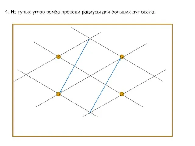 4. Из тупых углов ромба проведи радиусы для больших дуг овала.