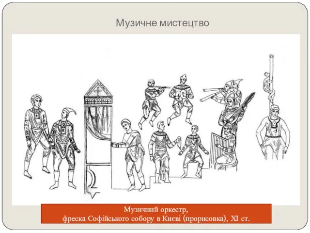 Музичне мистецтво Музичний оркестр, фреска Софійського собору в Києві (прорисовка), ХІ ст.