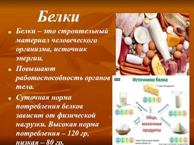 Белки Белки – это строительный материал человеческого организма, источник энергии. Повышают