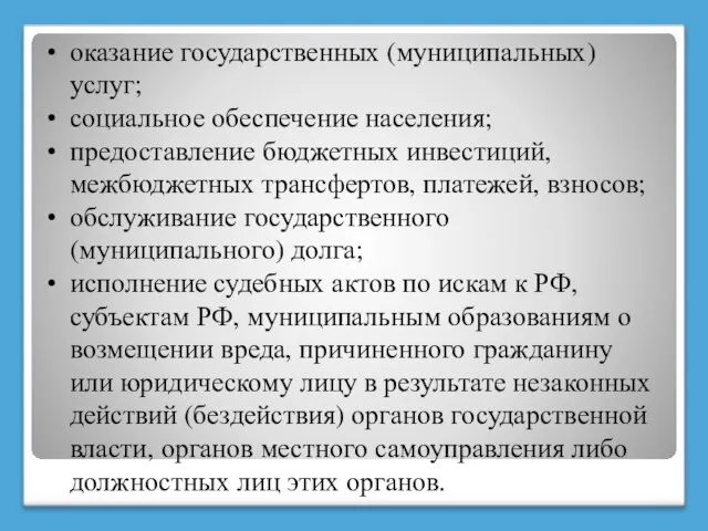 оказание государственных (муниципальных) услуг; социальное обеспечение населения; предоставление бюджетных инвестиций, межбюджетных