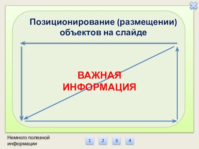 Немного полезной информации 1 2 3 4 ВАЖНАЯ ИНФОРМАЦИЯ Позиционирование (размещении) объектов на слайде