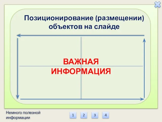 1 2 3 4 Позиционирование (размещении) объектов на слайде ВАЖНАЯ ИНФОРМАЦИЯ Немного полезной информации