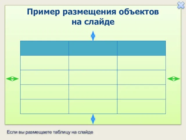 Если вы размещаете таблицу на слайде Пример размещения объектов на слайде