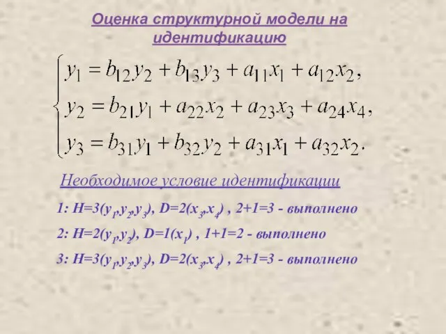 Оценка структурной модели на идентификацию Необходимое условие идентификации 1: H=3(y1,y2,y3), D=2(x3,x4)