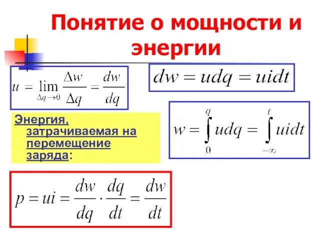 Понятие о мощности и энергии Энергия, затрачиваемая на перемещение заряда: