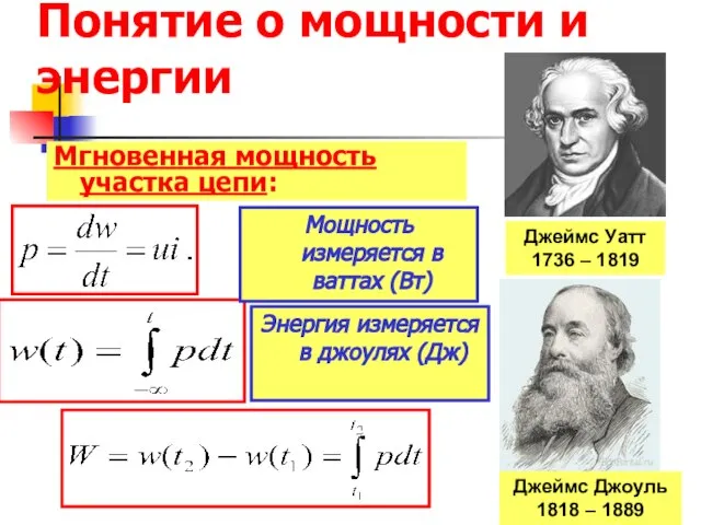 Понятие о мощности и энергии Мгновенная мощность участка цепи: Мощность измеряется