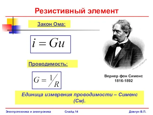 Электротехника и электроника Слайд 14 Довгун В.П. Закон Ома: Проводимость: Резистивный